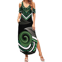 Koru Pounamu Aotearoa Family Matching Summer Maxi Dress and Hawaiian Shirt Maori Paua Shell Mix Silver Fern LT14 Mom's Dress Black - Polynesian Pride