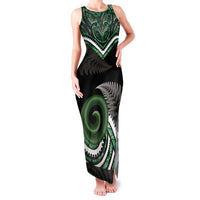 Koru Pounamu Aotearoa Family Matching Tank Maxi Dress and Hawaiian Shirt Maori Paua Shell Mix Silver Fern LT14 Mom's Dress Black - Polynesian Pride