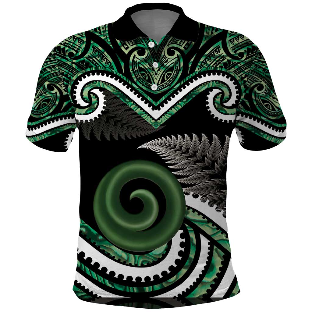Koru Pounamu Aotearoa Polo Shirt Maori Paua Shell Mix Silver Fern LT14 Black - Polynesian Pride