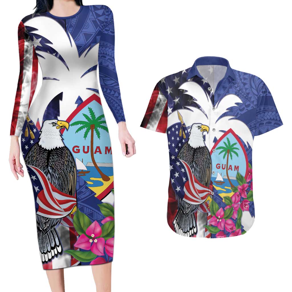 United States Guam Couples Matching Long Sleeve Bodycon Dress and Hawaiian Shirt USA Eagle Guahan Seal Bougainvillea LT14 Blue - Polynesian Pride