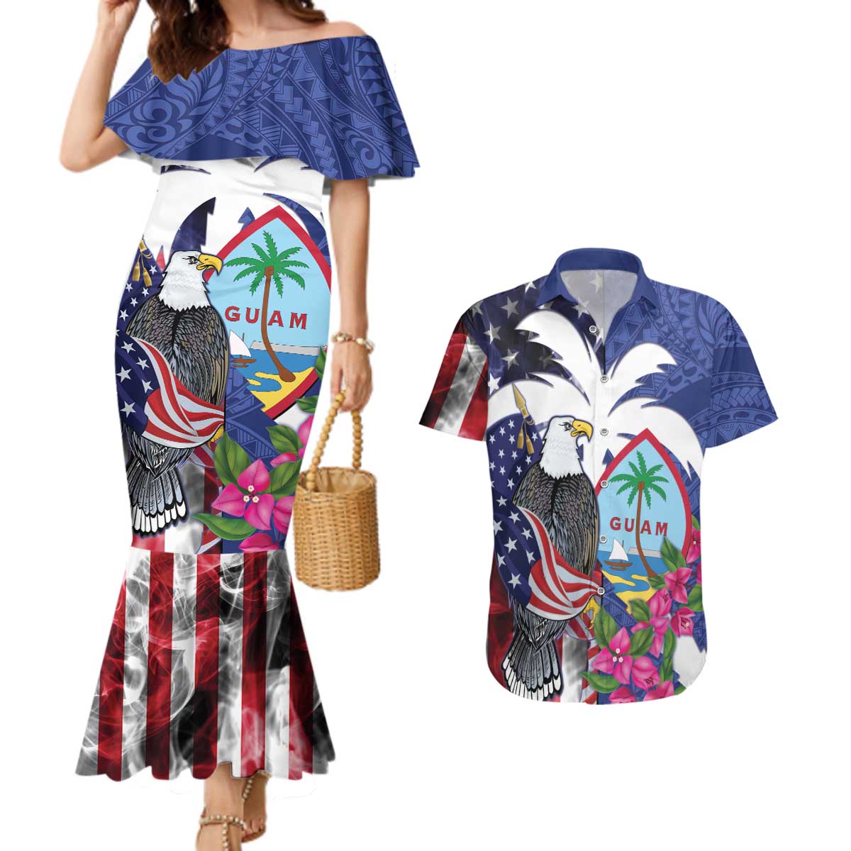 United States Guam Couples Matching Mermaid Dress and Hawaiian Shirt USA Eagle Guahan Seal Bougainvillea LT14 Blue - Polynesian Pride