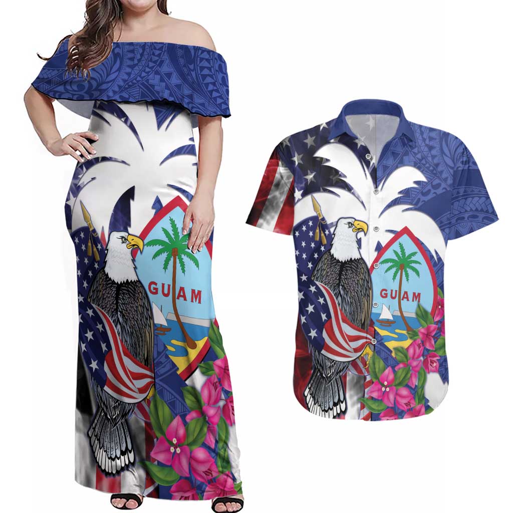 United States Guam Couples Matching Off Shoulder Maxi Dress and Hawaiian Shirt USA Eagle Guahan Seal Bougainvillea LT14 Blue - Polynesian Pride