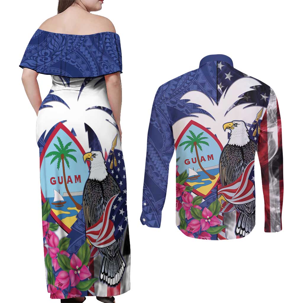 United States Guam Couples Matching Off Shoulder Maxi Dress and Long Sleeve Button Shirt USA Eagle Guahan Seal Bougainvillea LT14 - Polynesian Pride