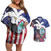 United States Guam Couples Matching Off Shoulder Short Dress and Hawaiian Shirt USA Eagle Guahan Seal Bougainvillea LT14 Blue - Polynesian Pride