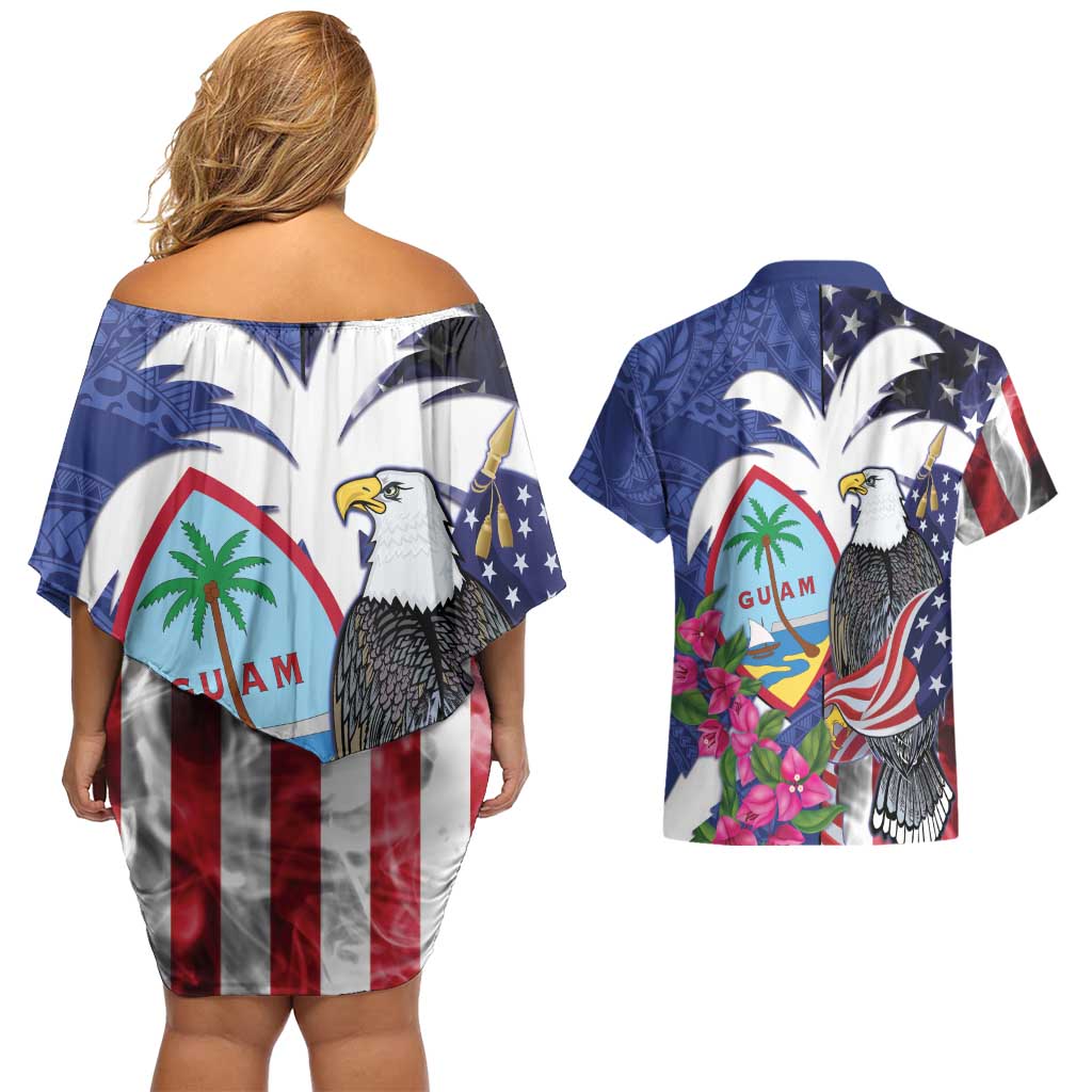 United States Guam Couples Matching Off Shoulder Short Dress and Hawaiian Shirt USA Eagle Guahan Seal Bougainvillea LT14 - Polynesian Pride