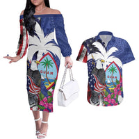 United States Guam Couples Matching Off The Shoulder Long Sleeve Dress and Hawaiian Shirt USA Eagle Guahan Seal Bougainvillea LT14 Blue - Polynesian Pride