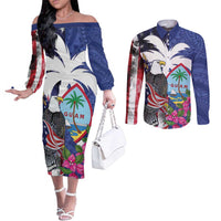United States Guam Couples Matching Off The Shoulder Long Sleeve Dress and Long Sleeve Button Shirt USA Eagle Guahan Seal Bougainvillea LT14 Blue - Polynesian Pride