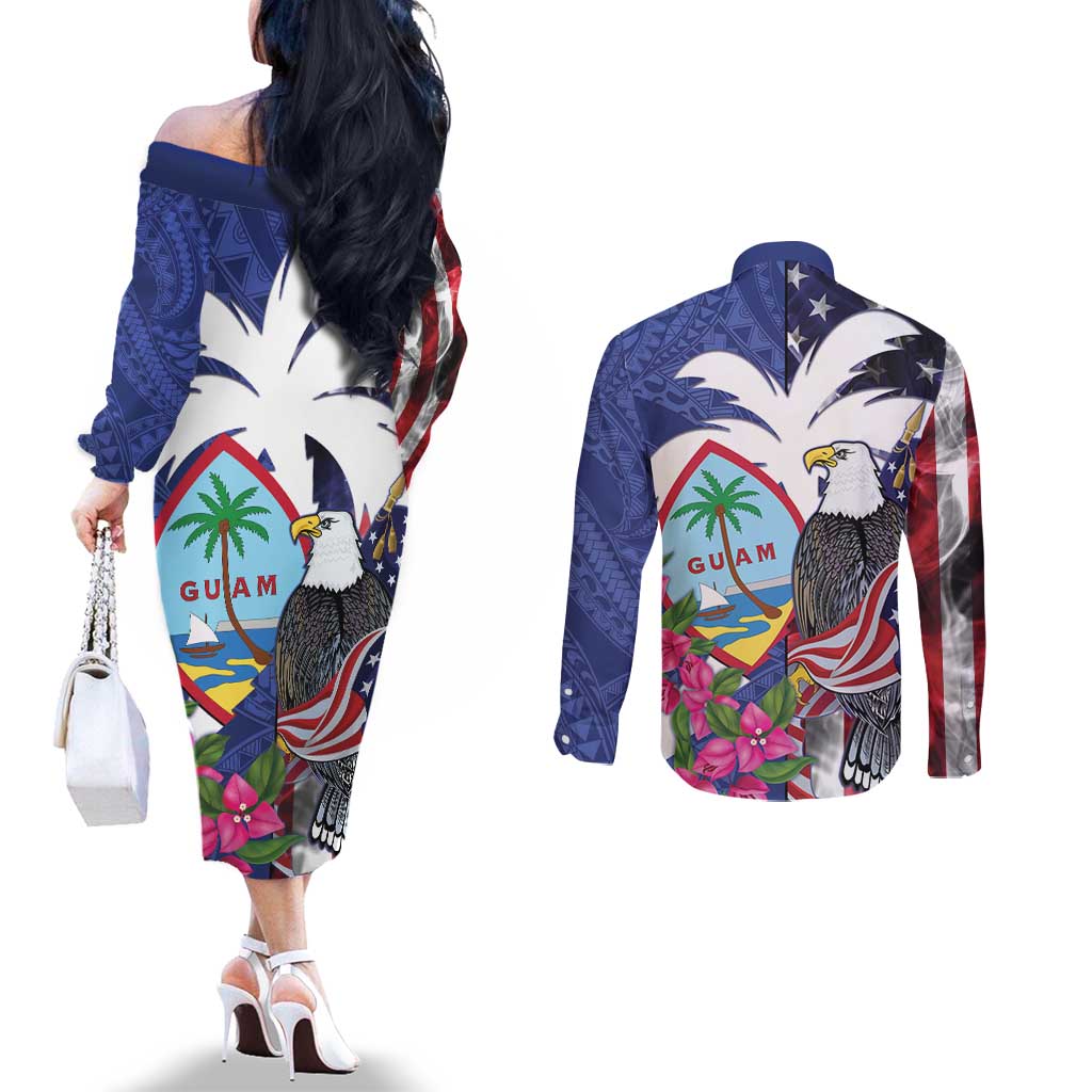 United States Guam Couples Matching Off The Shoulder Long Sleeve Dress and Long Sleeve Button Shirt USA Eagle Guahan Seal Bougainvillea LT14 - Polynesian Pride