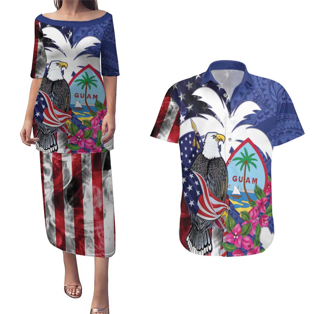 United States Guam Couples Matching Puletasi and Hawaiian Shirt USA Eagle Guahan Seal Bougainvillea LT14 Blue - Polynesian Pride