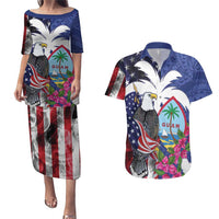 United States Guam Couples Matching Puletasi and Hawaiian Shirt USA Eagle Guahan Seal Bougainvillea LT14 Blue - Polynesian Pride