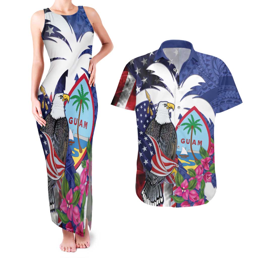 United States Guam Couples Matching Tank Maxi Dress and Hawaiian Shirt USA Eagle Guahan Seal Bougainvillea LT14 Blue - Polynesian Pride