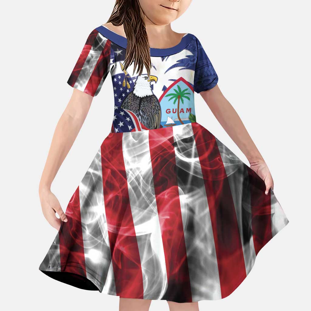 United States Guam Family Matching Long Sleeve Bodycon Dress and Hawaiian Shirt USA Eagle Guahan Seal Bougainvillea LT14 Daughter's Dress Blue - Polynesian Pride