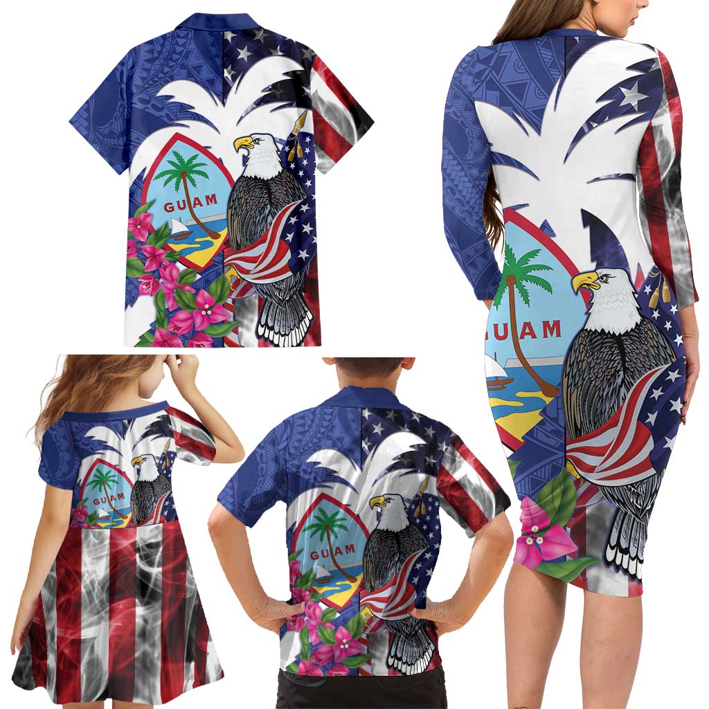 United States Guam Family Matching Long Sleeve Bodycon Dress and Hawaiian Shirt USA Eagle Guahan Seal Bougainvillea LT14 - Polynesian Pride