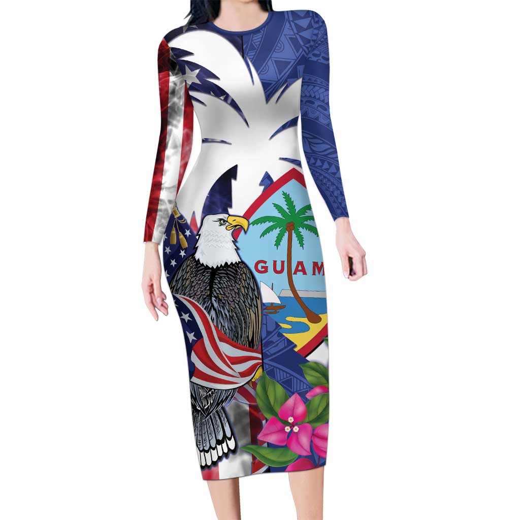 United States Guam Family Matching Long Sleeve Bodycon Dress and Hawaiian Shirt USA Eagle Guahan Seal Bougainvillea LT14 Mom's Dress Blue - Polynesian Pride