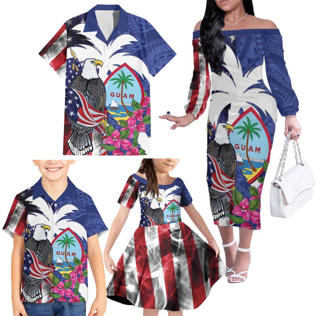 United States Guam Family Matching Off The Shoulder Long Sleeve Dress and Hawaiian Shirt USA Eagle Guahan Seal Bougainvillea LT14 - Polynesian Pride