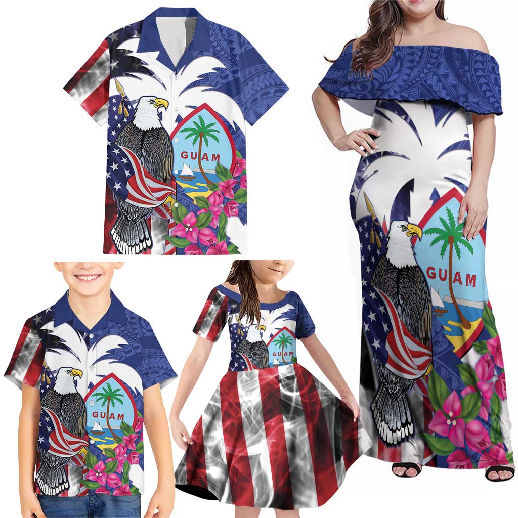 United States Guam Family Matching Off Shoulder Maxi Dress and Hawaiian Shirt USA Eagle Guahan Seal Bougainvillea LT14 - Polynesian Pride