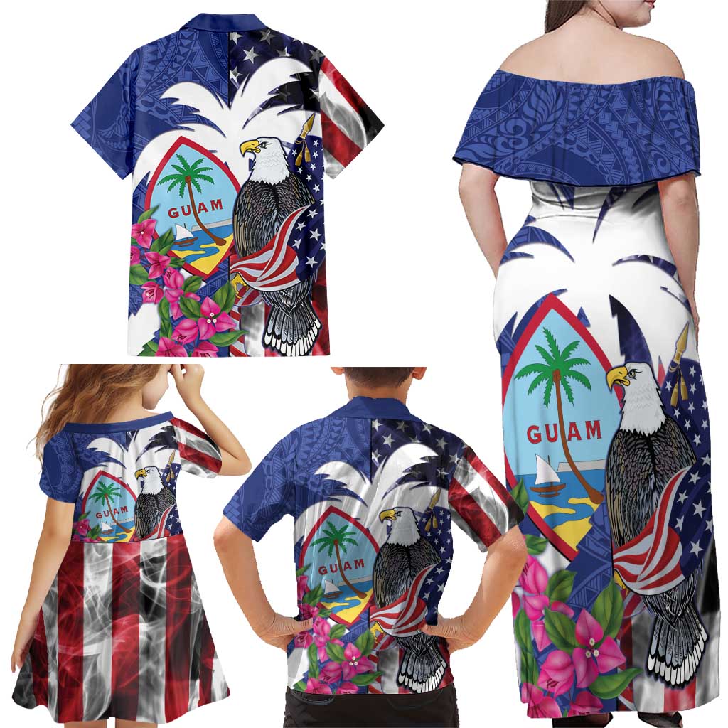 United States Guam Family Matching Off Shoulder Maxi Dress and Hawaiian Shirt USA Eagle Guahan Seal Bougainvillea LT14 - Polynesian Pride