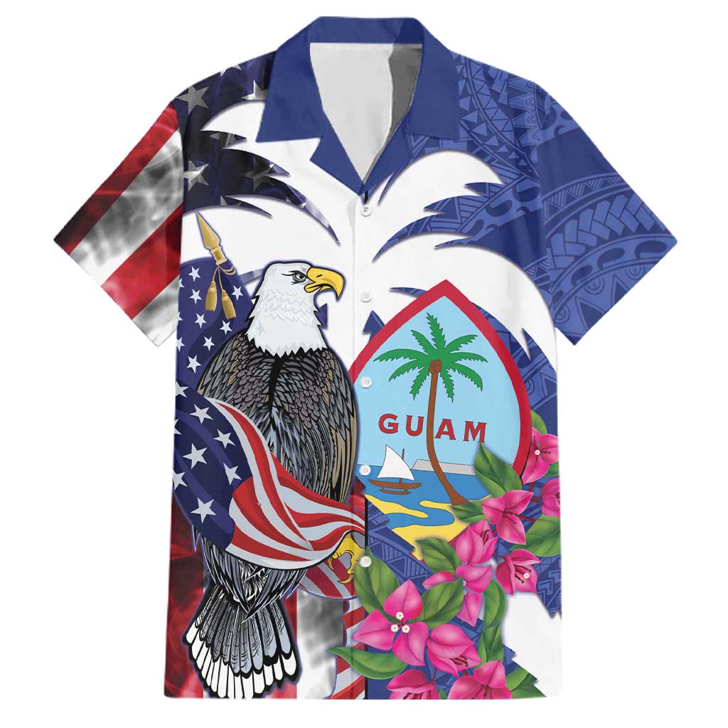 United States Guam Family Matching Off Shoulder Maxi Dress and Hawaiian Shirt USA Eagle Guahan Seal Bougainvillea LT14 Dad's Shirt - Short Sleeve Blue - Polynesian Pride