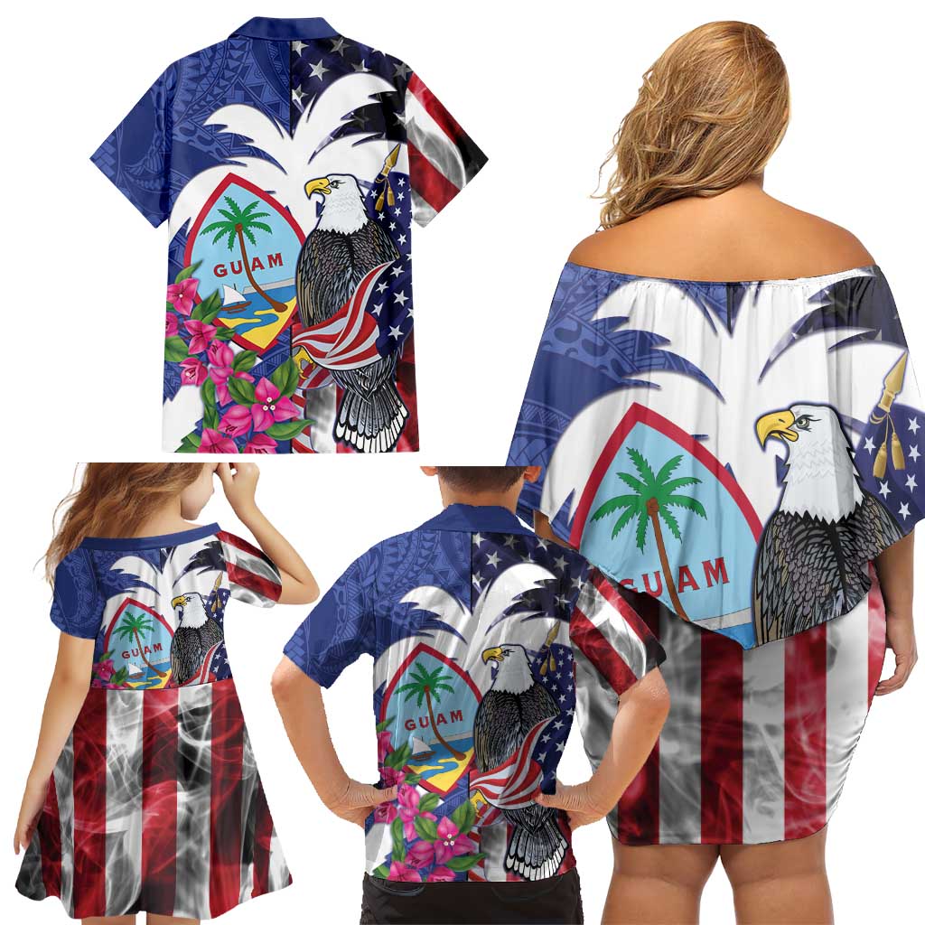 United States Guam Family Matching Off Shoulder Short Dress and Hawaiian Shirt USA Eagle Guahan Seal Bougainvillea LT14 - Polynesian Pride