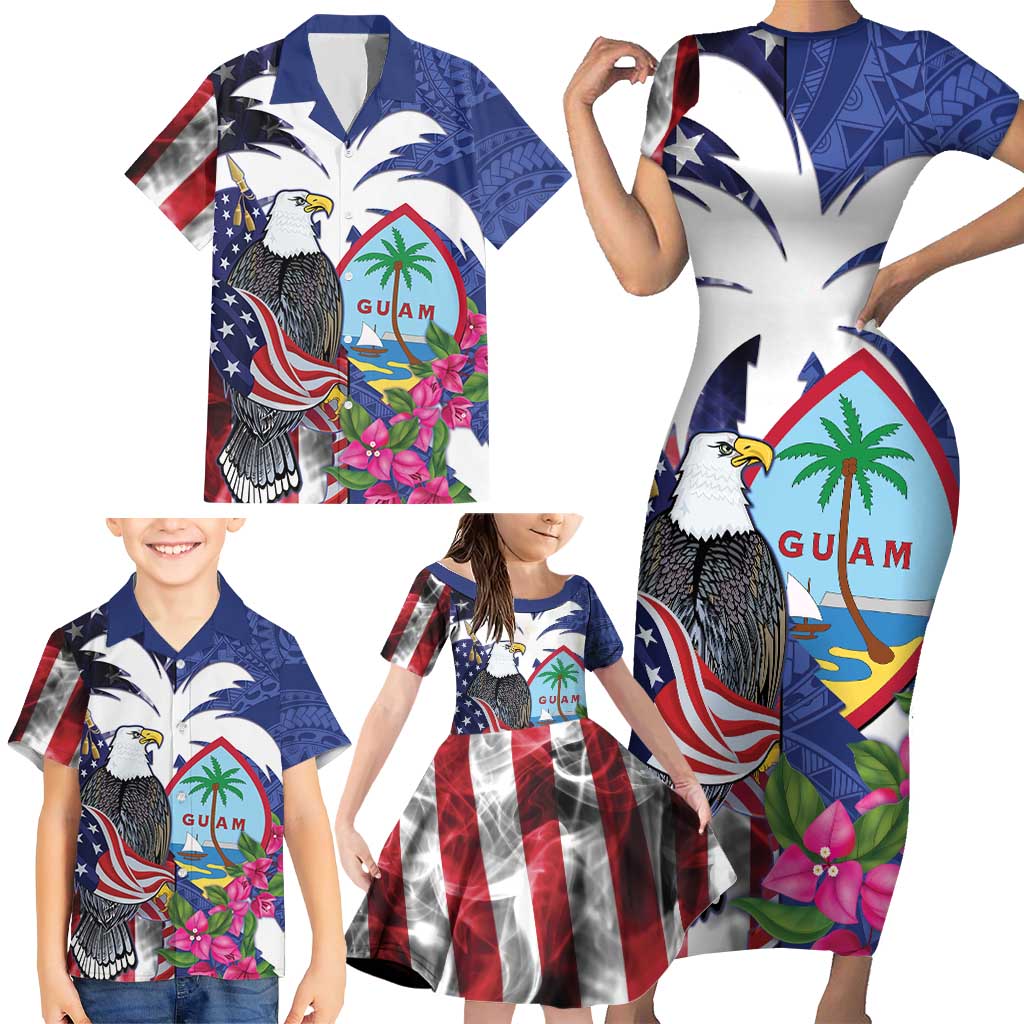 United States Guam Family Matching Short Sleeve Bodycon Dress and Hawaiian Shirt USA Eagle Guahan Seal Bougainvillea - Polynesian Pride