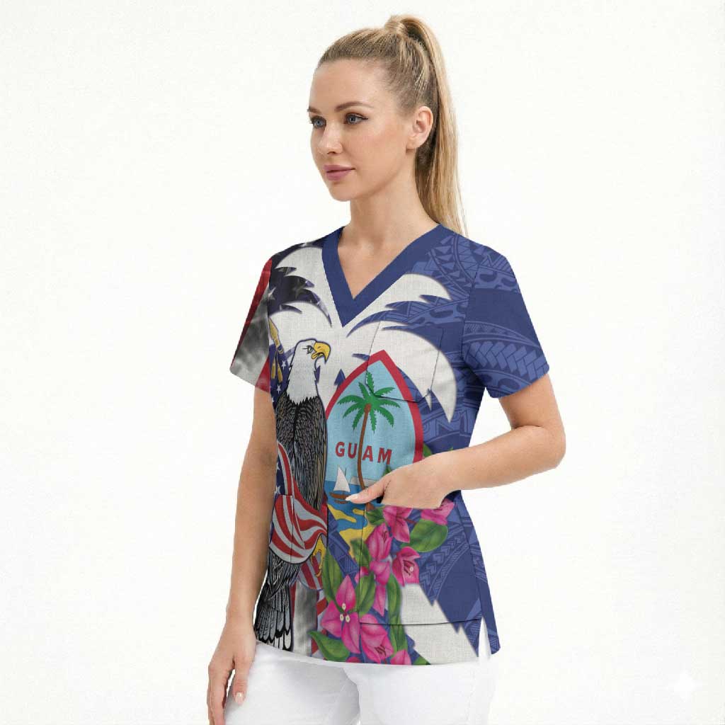 United States Guam Scrub Top USA Eagle Guahan Seal Bougainvillea - Polynesian Pride