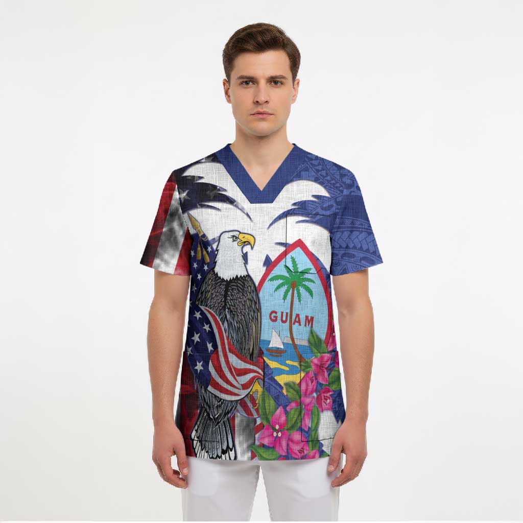 United States Guam Scrub Top USA Eagle Guahan Seal Bougainvillea - Polynesian Pride