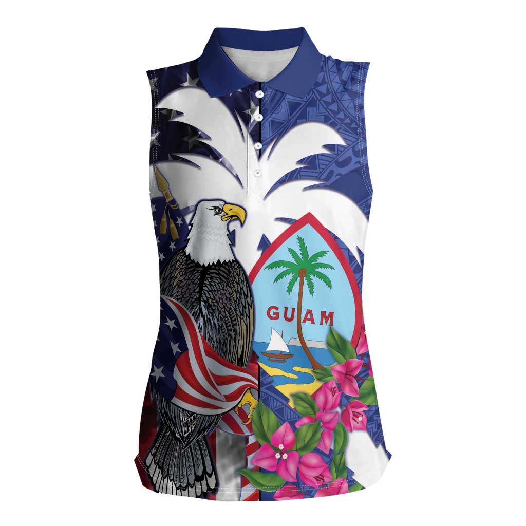 United States Guam Women Sleeveless Polo Shirt USA Eagle Guahan Seal Bougainvillea LT14 Female Blue - Polynesian Pride