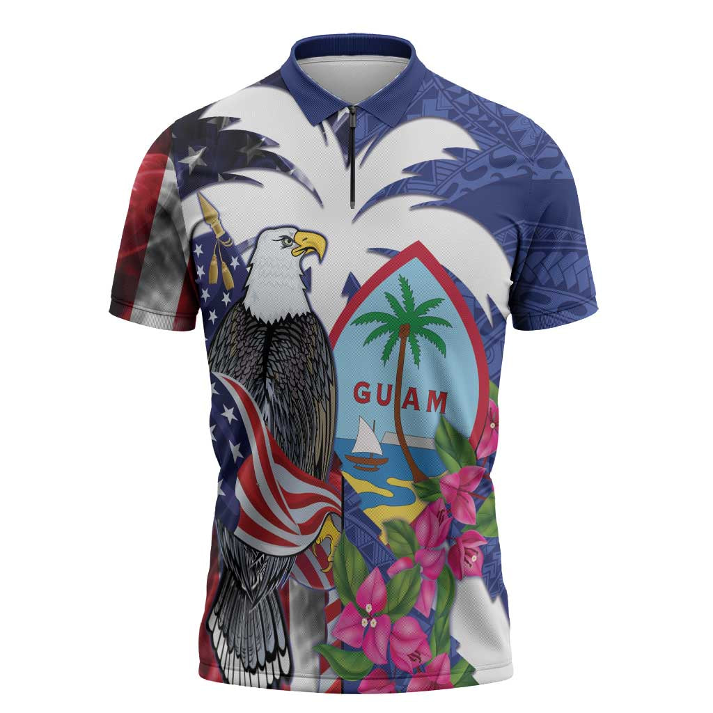United States Guam Zipper Polo Shirt USA Eagle Guahan Seal Bougainvillea - Polynesian Pride