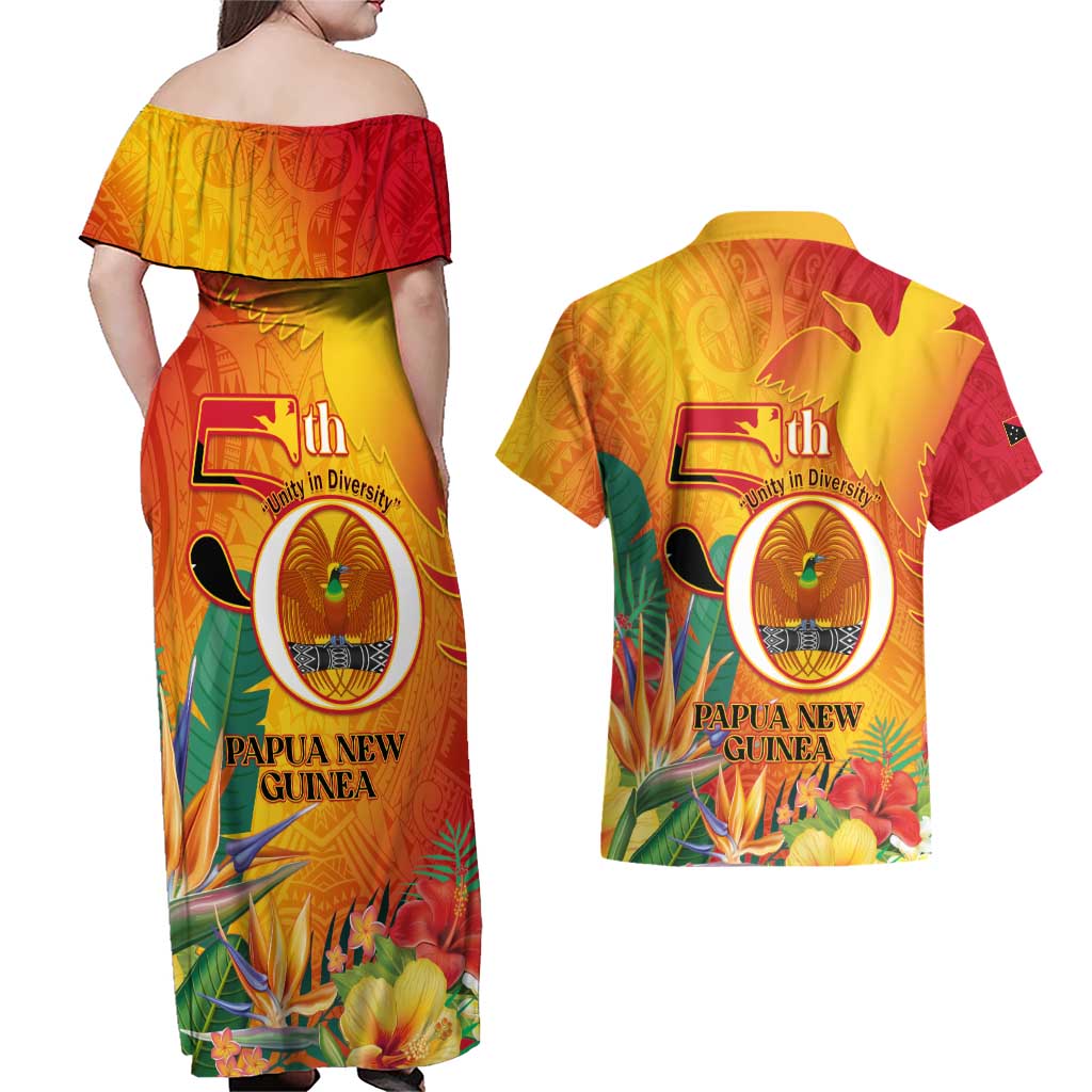Papua New Guinea Independence Day Couples Matching Off Shoulder Maxi Dress and Hawaiian Shirt 50th Anniversary Unity in Diversity