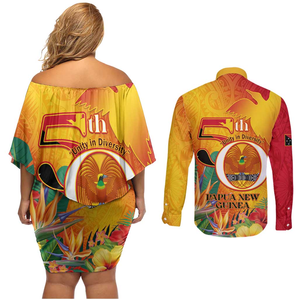 Papua New Guinea Independence Day Couples Matching Off Shoulder Short Dress and Long Sleeve Button Shirt 50th Anniversary Unity in Diversity