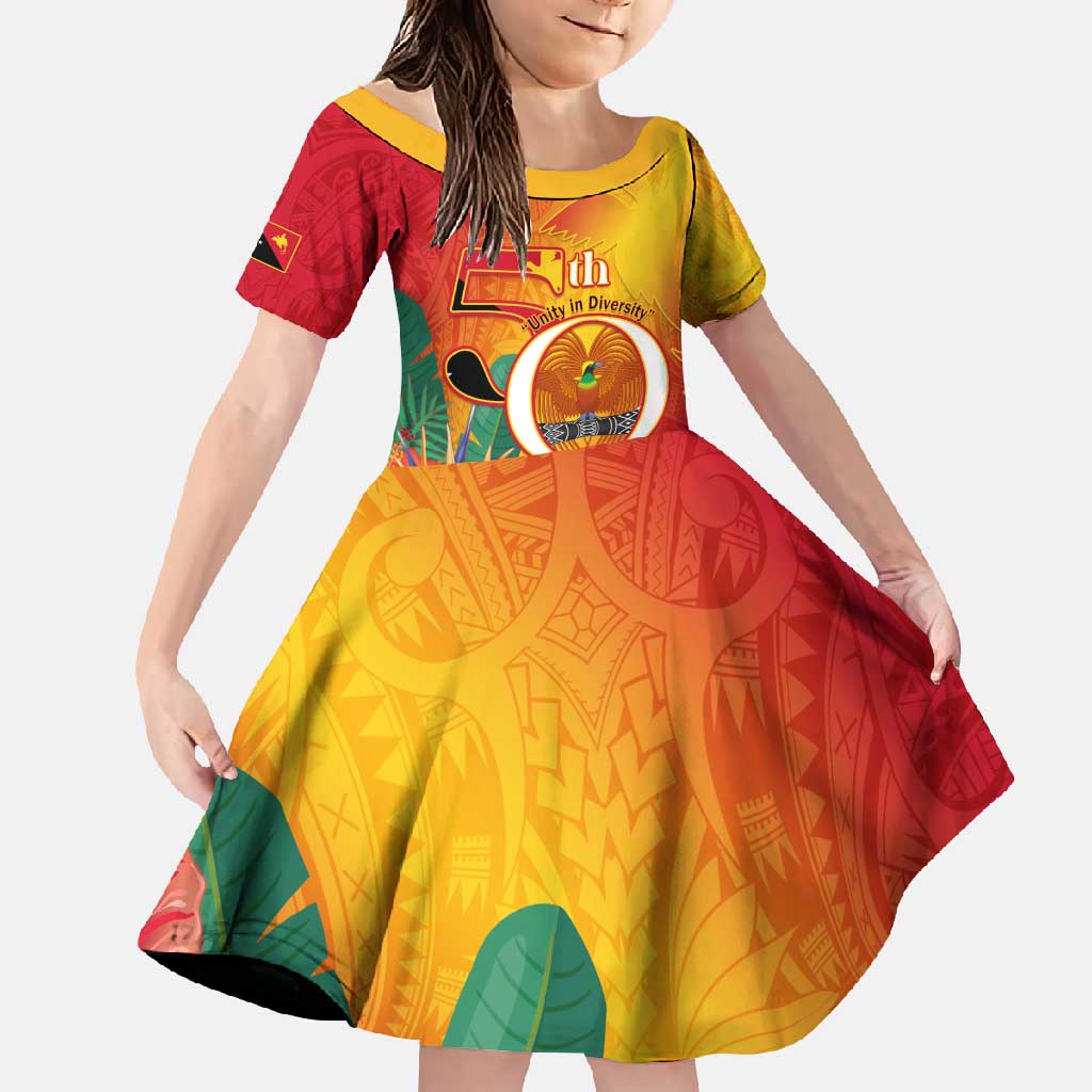 Papua New Guinea Independence Day Family Matching Long Sleeve Bodycon Dress and Hawaiian Shirt 50th Anniversary Unity in Diversity LT14 Daughter's Dress Red - Polynesian Pride