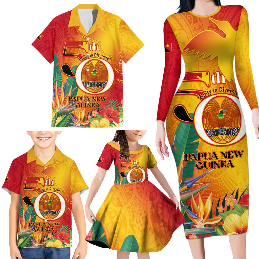Papua New Guinea Independence Day Family Matching Long Sleeve Bodycon Dress and Hawaiian Shirt 50th Anniversary Unity in Diversity LT14 - Polynesian Pride