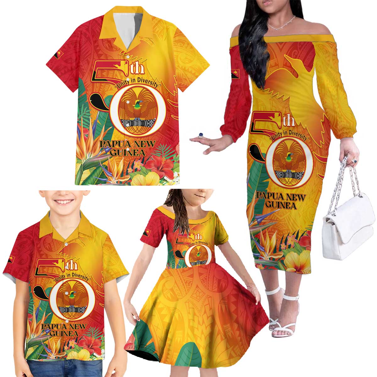 Papua New Guinea Independence Day Family Matching Off The Shoulder Long Sleeve Dress and Hawaiian Shirt 50th Anniversary Unity in Diversity LT14 - Polynesian Pride