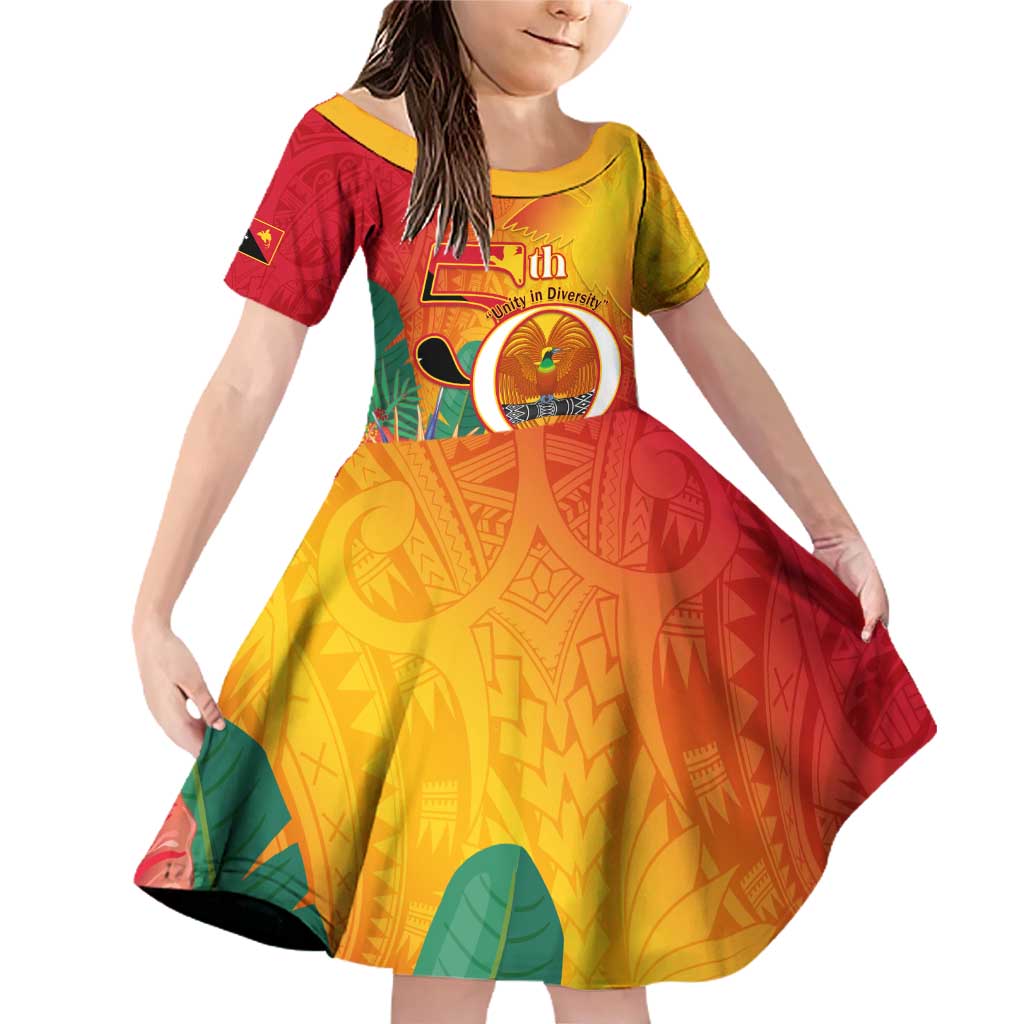 Papua New Guinea Independence Day Family Matching Off Shoulder Short Dress and Hawaiian Shirt 50th Anniversary Unity in Diversity LT14 Daughter's Dress Red - Polynesian Pride