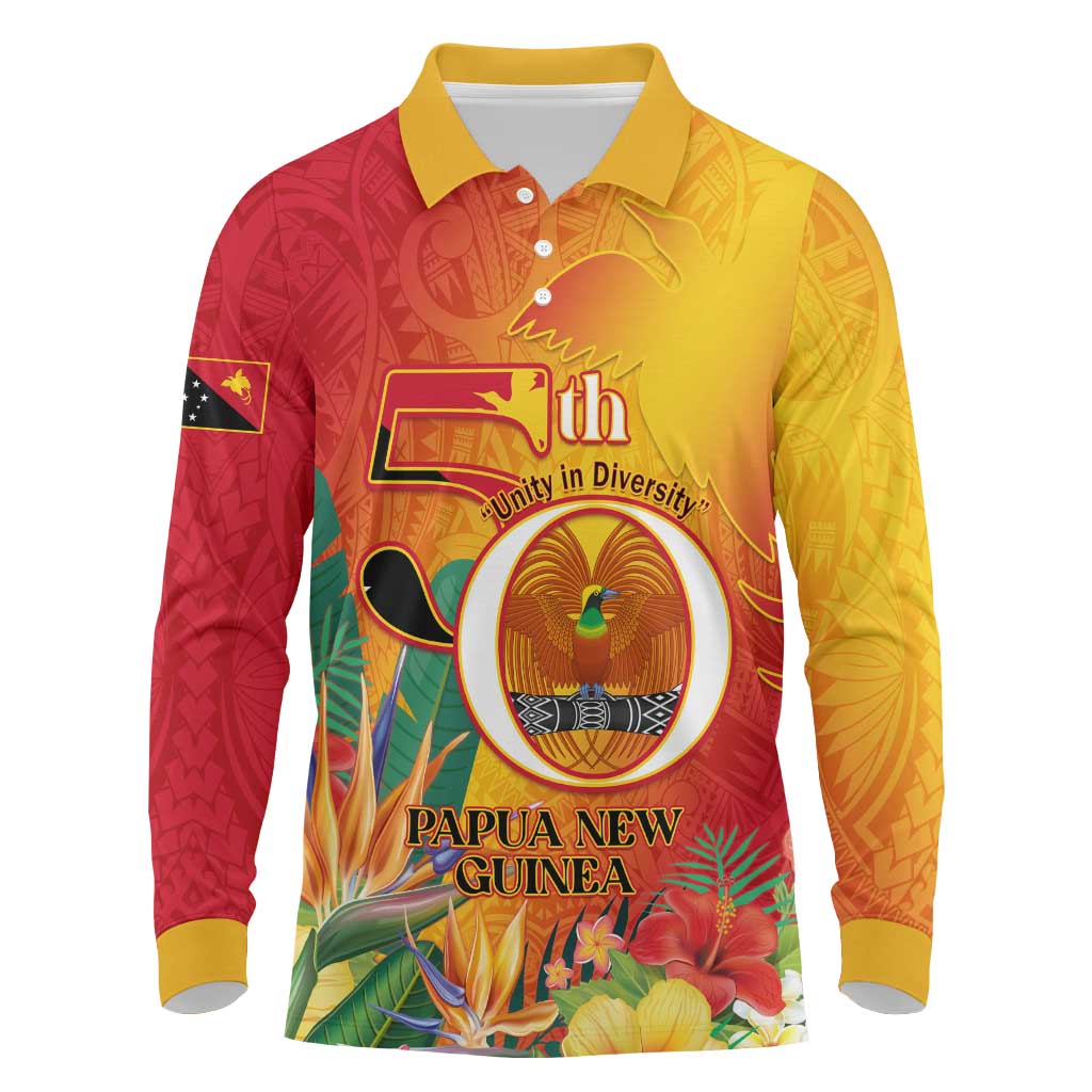 Papua New Guinea Independence Day Long Sleeve Polo Shirt 50th Anniversary Unity in Diversity LT14 Red - Polynesian Pride