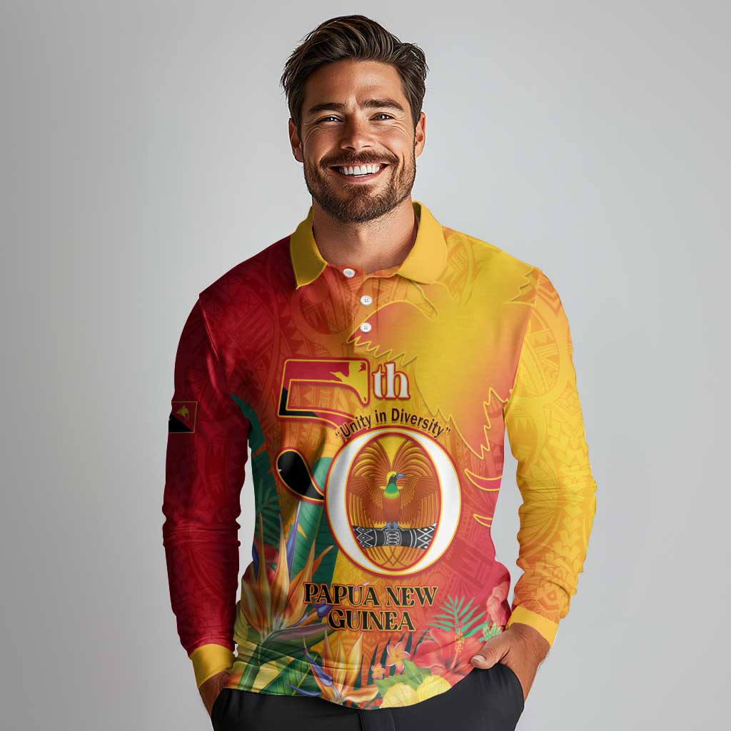 Papua New Guinea Independence Day Long Sleeve Polo Shirt 50th Anniversary Unity in Diversity LT14 - Polynesian Pride