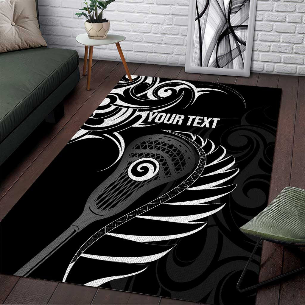 Personalised New Zealand Silver Fern Lacrosse Area Rug Aotearoa Maori Pattern LT14 Black - Polynesian Pride