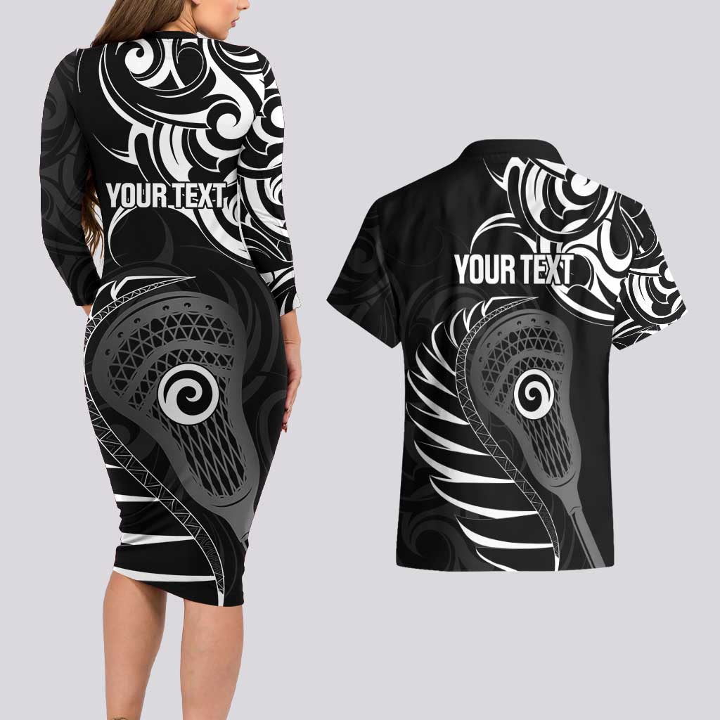 Personalised New Zealand Silver Fern Lacrosse Couples Matching Long Sleeve Bodycon Dress and Hawaiian Shirt Aotearoa Maori Pattern LT14 - Polynesian Pride