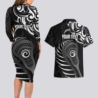 Personalised New Zealand Silver Fern Lacrosse Couples Matching Long Sleeve Bodycon Dress and Hawaiian Shirt Aotearoa Maori Pattern LT14 - Polynesian Pride