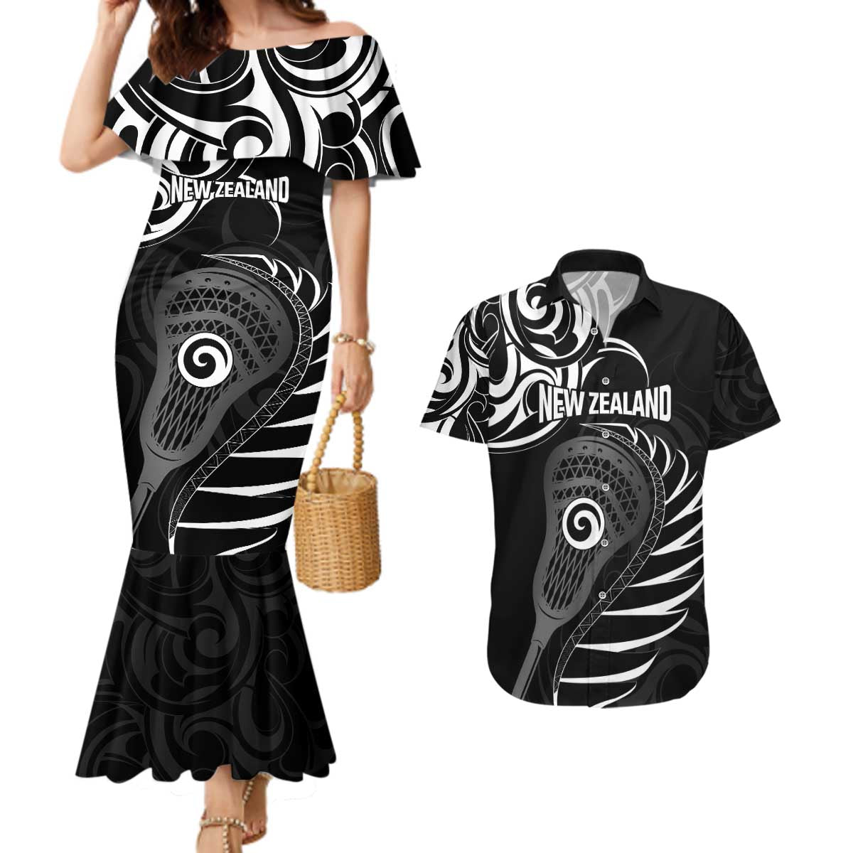 Personalised New Zealand Silver Fern Lacrosse Couples Matching Mermaid Dress and Hawaiian Shirt Aotearoa Maori Pattern LT14 Black - Polynesian Pride