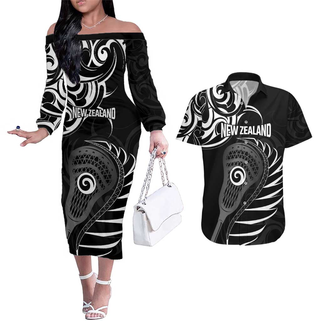 Personalised New Zealand Silver Fern Lacrosse Couples Matching Off The Shoulder Long Sleeve Dress and Hawaiian Shirt Aotearoa Maori Pattern LT14 Black - Polynesian Pride