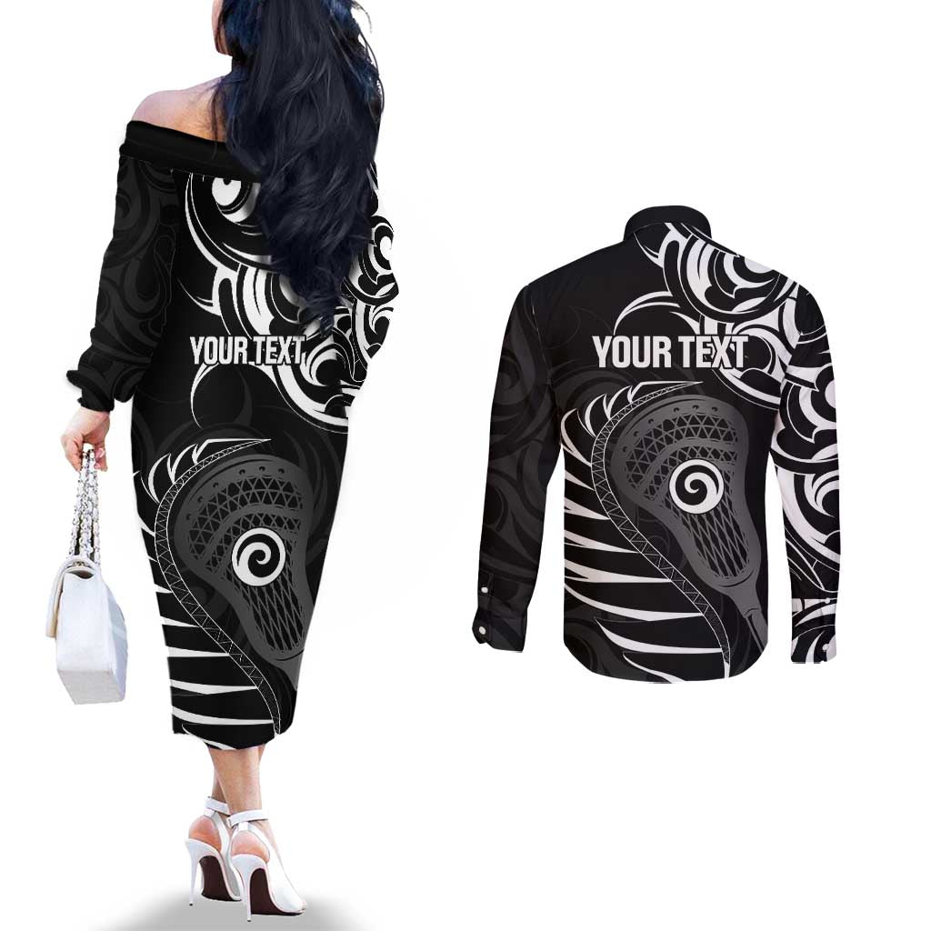 Personalised New Zealand Silver Fern Lacrosse Couples Matching Off The Shoulder Long Sleeve Dress and Long Sleeve Button Shirt Aotearoa Maori Pattern LT14 - Polynesian Pride