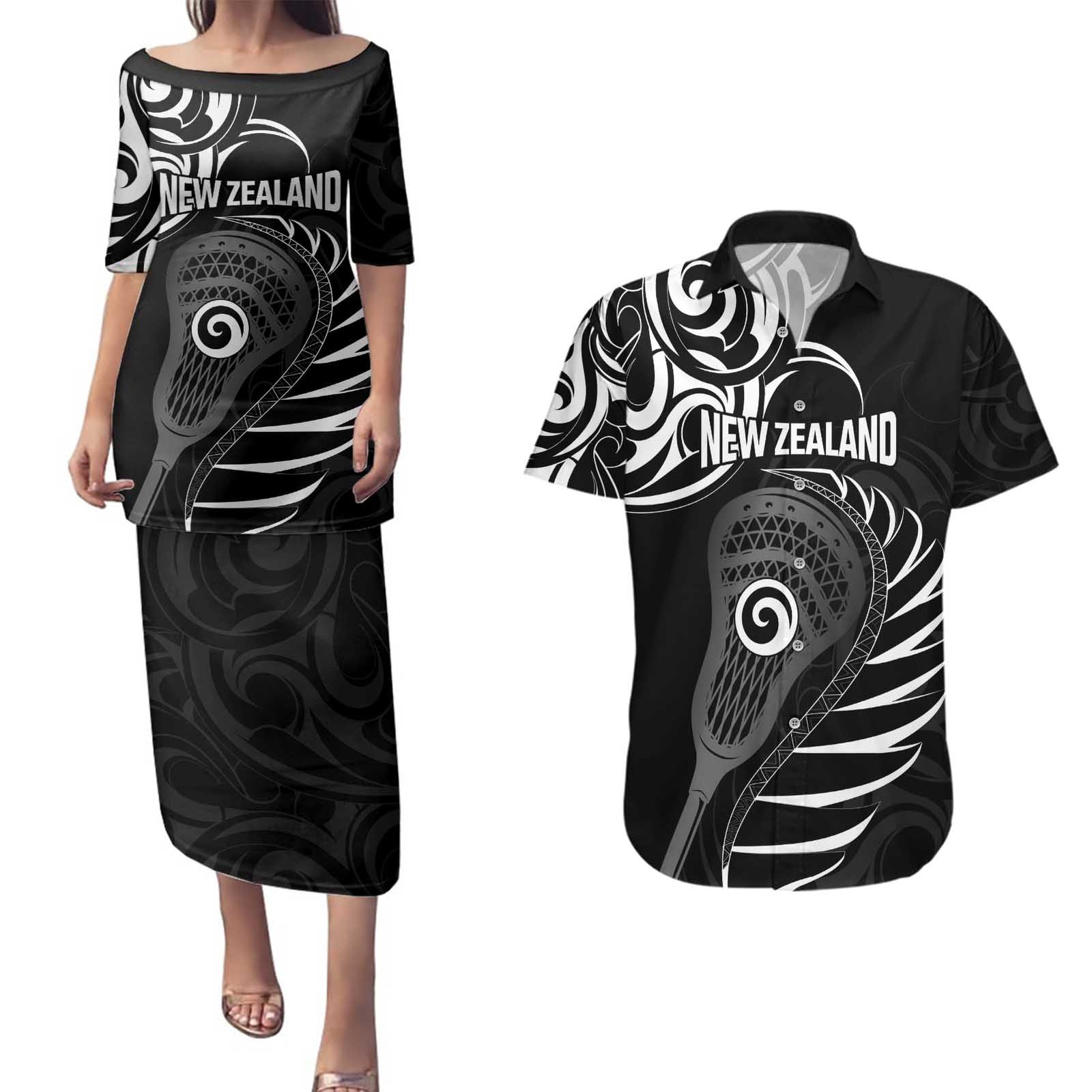 Personalised New Zealand Silver Fern Lacrosse Couples Matching Puletasi and Hawaiian Shirt Aotearoa Maori Pattern LT14 Black - Polynesian Pride