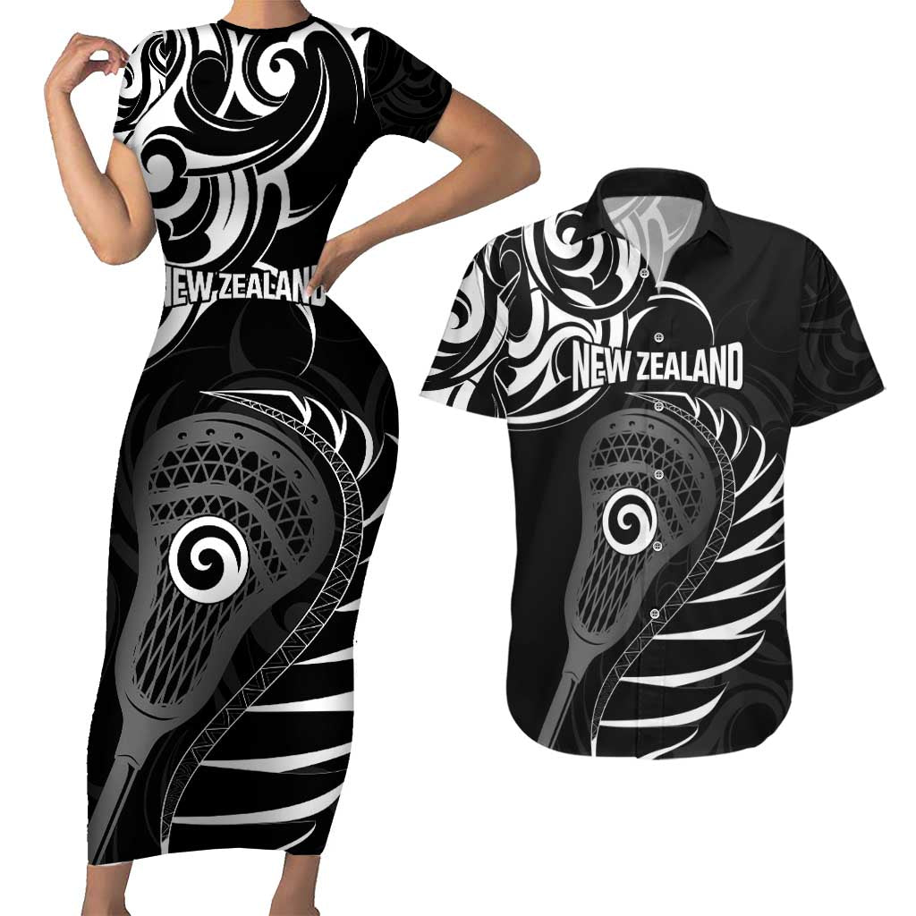 Personalised New Zealand Silver Fern Lacrosse Couples Matching Short Sleeve Bodycon Dress and Hawaiian Shirt Aotearoa Maori Pattern LT14 Black - Polynesian Pride