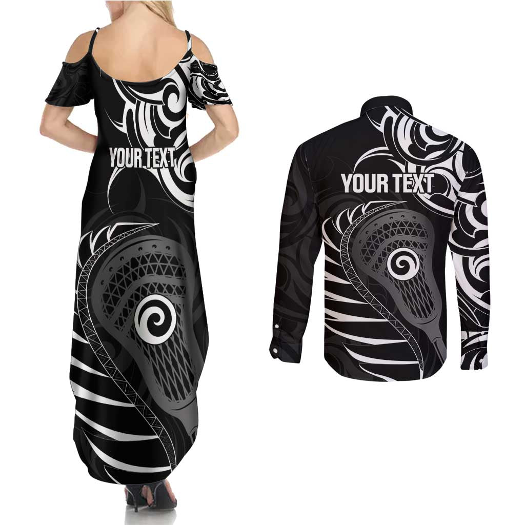 Personalised New Zealand Silver Fern Lacrosse Couples Matching Summer Maxi Dress and Long Sleeve Button Shirt Aotearoa Maori Pattern LT14 - Polynesian Pride