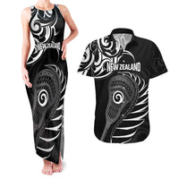 Personalised New Zealand Silver Fern Lacrosse Couples Matching Tank Maxi Dress and Hawaiian Shirt Aotearoa Maori Pattern LT14 Black - Polynesian Pride