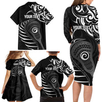 Personalised New Zealand Silver Fern Lacrosse Family Matching Long Sleeve Bodycon Dress and Hawaiian Shirt Aotearoa Maori Pattern LT14 - Polynesian Pride