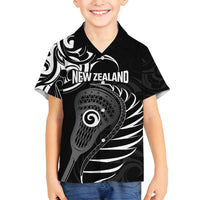 Personalised New Zealand Silver Fern Lacrosse Family Matching Long Sleeve Bodycon Dress and Hawaiian Shirt Aotearoa Maori Pattern LT14 Son's Shirt Black - Polynesian Pride