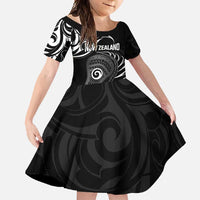 Personalised New Zealand Silver Fern Lacrosse Family Matching Mermaid Dress and Hawaiian Shirt Aotearoa Maori Pattern LT14 Daughter's Dress Black - Polynesian Pride