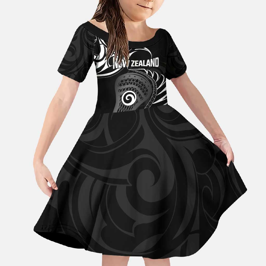 Personalised New Zealand Silver Fern Lacrosse Family Matching Off Shoulder Maxi Dress and Hawaiian Shirt Aotearoa Maori Pattern LT14 Daughter's Dress Black - Polynesian Pride